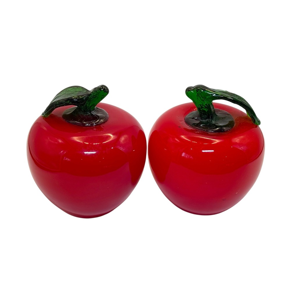 Vintage Blown Art Glass Fruit Red Apples Stem Leaf MCM Murano Style Paperweights